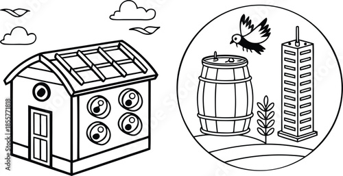 Eco friendly house with solar panels and urban cityscape