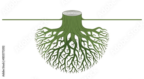 tree root system diagram showing detailed branching roots from a cut tree trunk on white background concept for growth foundation and network