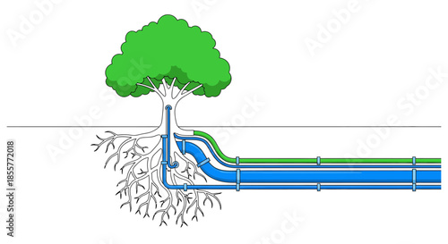 urban tree roots and underground utility pipes cross section diagram showing conflict between plant growth and city infrastructure planning