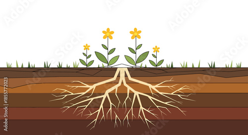 plant root system diagram showing flower growth above soil layers and detailed underground roots for education biology lessons and ecology