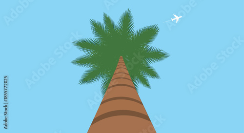 tropical travel background with palm tree trunk view and airplane in blue sky minimalist summer vacation banner for tourism ads