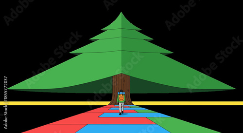hiking adventure illustration with backpacker walking on colorful path toward giant pine tree in abstract minimal forest background