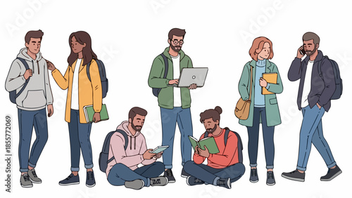 Group of young adults interacting and using technology in a casual outdoor setting