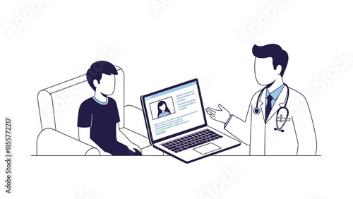 Doctor explaining medical records on laptop to patient in hospital bed