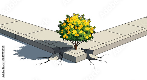 resilience concept plant breaking through concrete sidewalk corner with cracks symbolizing perseverance growth mindset and overcoming obstacles