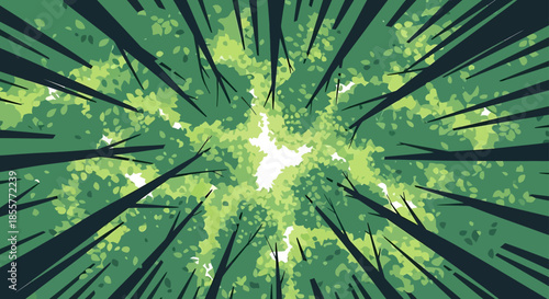 forest canopy background illustration with treetops view from below toward sky abstract green foliage pattern for nature posters and eco design