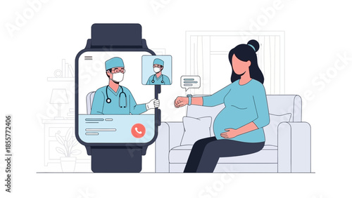 Expectant mother having a video consultation with a healthcare professional on a smartwatch