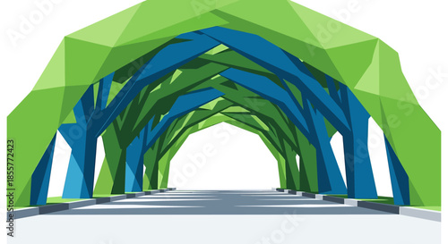 geometric tree tunnel illustration over empty road with abstract green and blue polygon branches eco transport concept for brochures