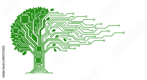 green technology tree circuit board illustration symbolizing eco friendly innovation and sustainable digital growth for clean energy branding
