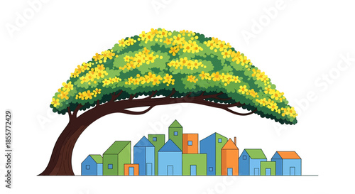 sustainable city under tree canopy illustration showing small colorful houses protected by large flowering tree for eco friendly urban design