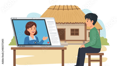 Man sitting on a stool watching a video call with a woman on a large computer screen in a rural setting