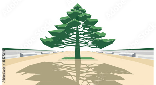 abstract pine tree illustration casting long shadow on seaside promenade in minimalist flat design style for eco branding and travel concepts