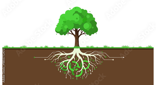 tree with digital roots concept illustration showing green technology integration underground symbolizing innovation growth data network and eco tech