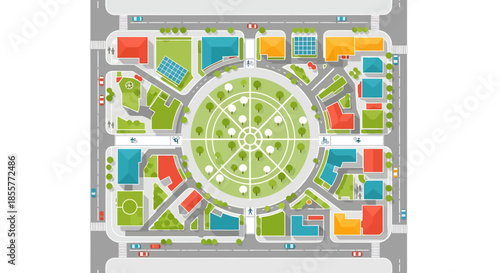 smart city map with park at center showing streets houses and bike lanes in top view layout for urban planning infographics and reports