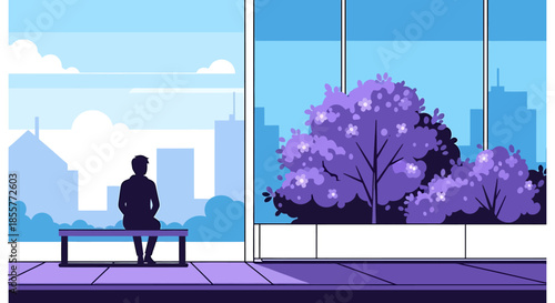lonely man on bench sitting in city park near blooming bushes at sunset minimalist vector illustration for mental health grief and solitude