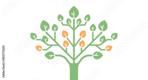 family tree infographic icon with green branches and seasonal leaves on white background for genealogy chart growth report or eco branding