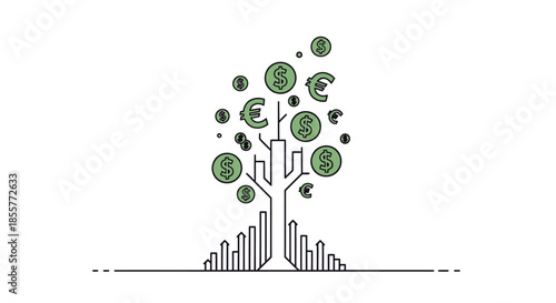 investment growth concept tree with dollar and euro currency symbols growing from rising bar chart ideal for finance banking and savings