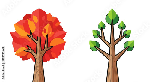 seasonal tree illustration showing autumn and spring foliage side by side on white background for education ecology and infographic design