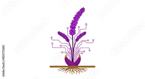 agri tech innovation concept with stylized digital wheat plant growing from circuit board roots symbolizing smart farming data analytics