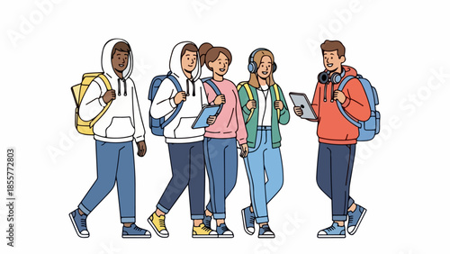 Group of teenagers walking together while using their electronic devices on a white background