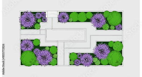 landscape garden design plan with purple allium flower beds and green shrubs shown in top view layout for architects and urban planners