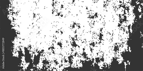 Abstract black and white grunge background featuring a vintage ink splash pattern with floral art decoration and a dirty spray paint splatter texture on a vector paper border frame