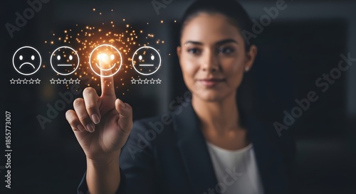 Woman giving positive feedback rating online review customer experience satisfaction survey happy face