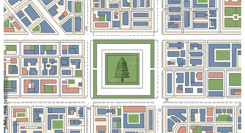 city map with central park illustration showing urban blocks around a green square plaza ideal for planning infographics and editorial use