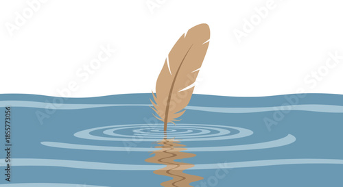 Minimalist illustration of a single brown feather floating on water surface with ripples