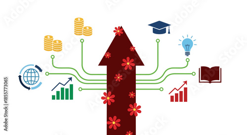 business growth arrow infographic showing upward success with finance education innovation and global strategy icons for corporate presentations