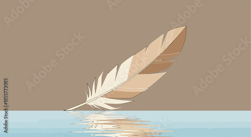 Minimalist Illustration of a Single Feather Floating on Calm Water Surface with Soft Neutral