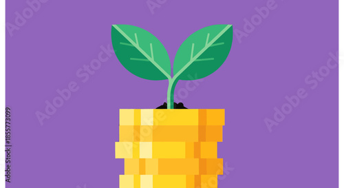 investment growth concept with green plant sprouting from stack of gold coins on purple background for finance savings and sustainability