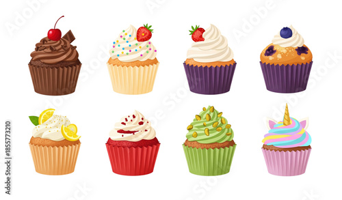 Flat cupcake icon collection vector with colorful muffins for birthday and wedding isolated on white background