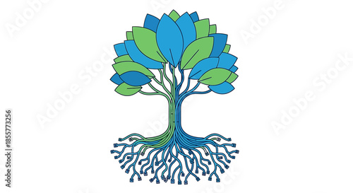 digital tree of life with tech circuit roots and abstract leaves representing eco friendly innovation green technology and sustainable growth
