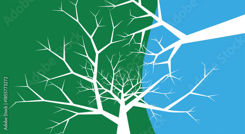 abstract tree branches vector illustration with white winter silhouette spreading across split green and blue background for eco design