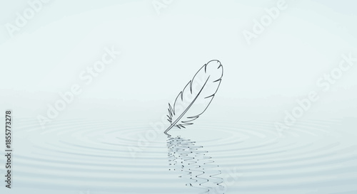 Minimalist Line Drawing of a Feather Falling into Water Creating Ripples