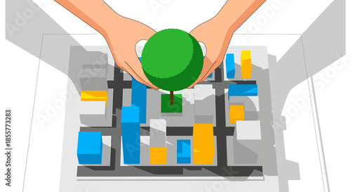 sustainable city planning concept with hands planting green tree over abstract urban map illustrating eco friendly urban design strategy