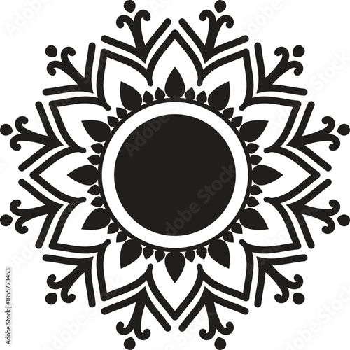 Black and white mandala design with floral patterns and leaves