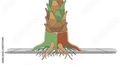 urban tree root system diagram showing cross section of trunk and roots lifting a concrete sidewalk illustrating infrastructure damage risk