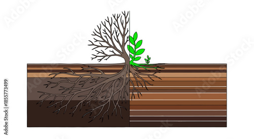 plant growth concept with healthy green sprout and deep root system divided into fertile and barren soil layers for ecology education