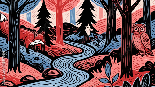 Enchanting forest scene with a fox and owl by a winding stream, rendered in a unique, stylized illustration