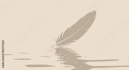 Minimalistic illustration of a floating feather reflected on water with ripples in a tranquil