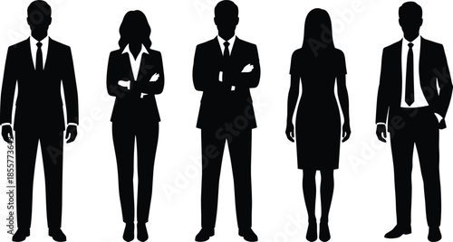 Business people silhouette set, professional men and women standing poses, corporate teamwork concept, black vector illustration