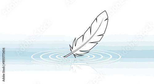 Minimalistic Illustration of a Single Feather Falling onto Water with Ripples Effect