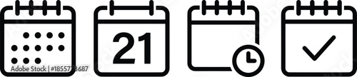Calendar icons set with date, reminder, clock and check mark, scheduling, time management and planning concept, line vector illustration