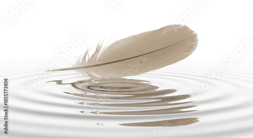 Peaceful single feather gently floating on water with ripples minimalistic design