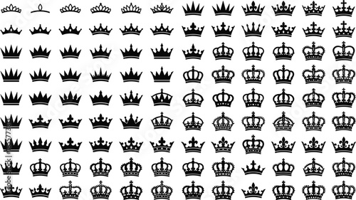 Crown icon mega collection, royal and heraldic crown silhouettes, black and white monarchy symbols, luxury emblem vector illustration