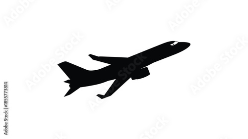 A black airplane in flight against a white background silhouette