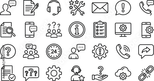 Customer support and help desk icons set, communication, service, feedback, chat, call center and information symbols, line vector illustration