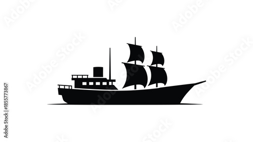 Vintage sailing ship illustration with detailed masts and smokestack silhouette